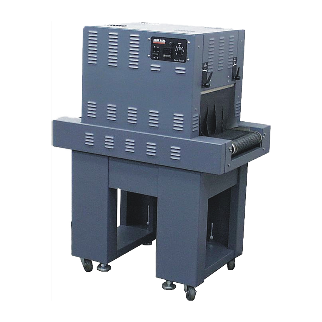 Heat Seal T2615 shrink tunnel with compact steel frame, vented panels, top-mounted control interface, and mesh belt conveyor with exit curtain.