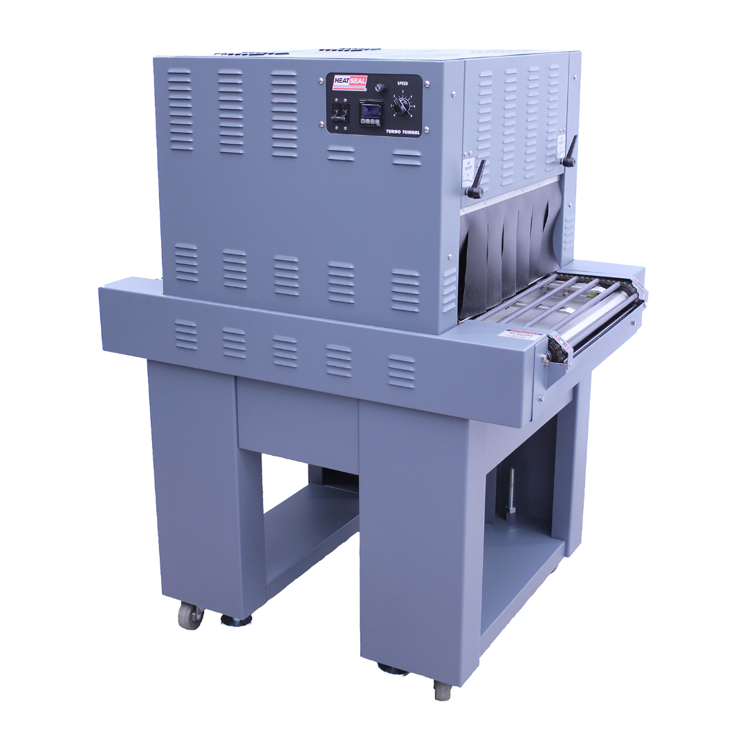 Heat Seal T2622 shrink tunnel featuring a steel housing, vented panels, digital control interface, and roller conveyor with exit curtain.
