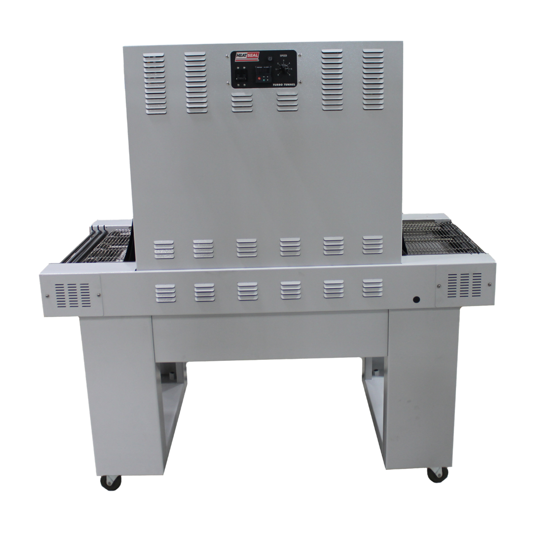 Front view of the Heat Seal T3422 shrink tunnel with vented steel housing, digital control panel, and roller conveyor system.