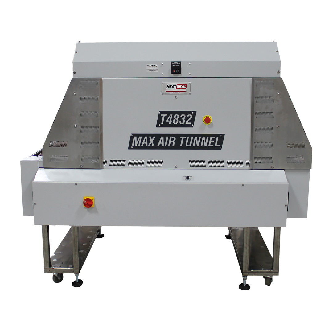 Front view of the Heat Seal T4832 Max Air shrink tunnel, featuring a wide conveyor opening, stainless steel side panels, and control interface for industrial shrink wrapping.