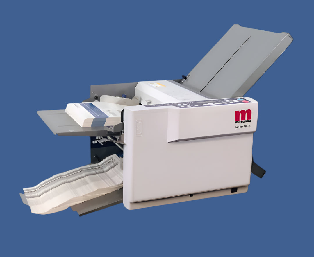 Morgana Junior DT-A Paper Folder with stack of documents feeding through top tray and folded output exiting to bottom conveyor