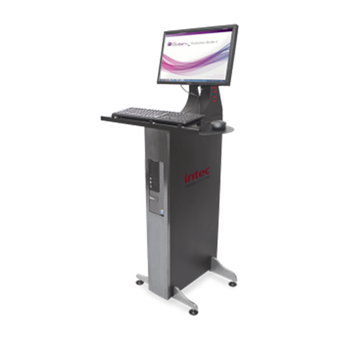 Intec computer kiosk with monitor and keyboard on a white background
