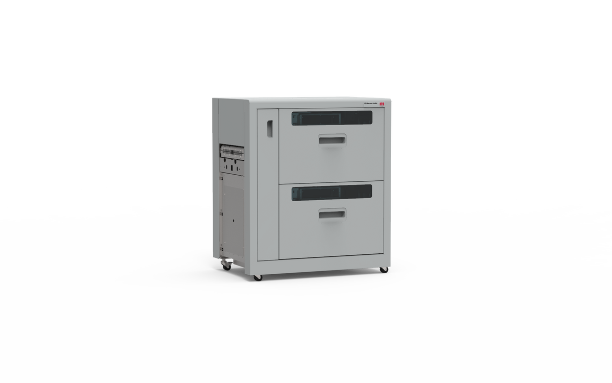 Morgana VFX Vacuum Feeder shown from a low left angle, featuring dual front-loading drawers, side access panel, and compact rolling cabinet design for high-capacity sheet feeding with vacuum precision.