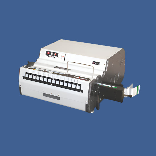 Akiles VersaMac modular electric punch system with interchangeable die set, push-button controls, and side margin guide for heavy-duty document punching and binding applications.