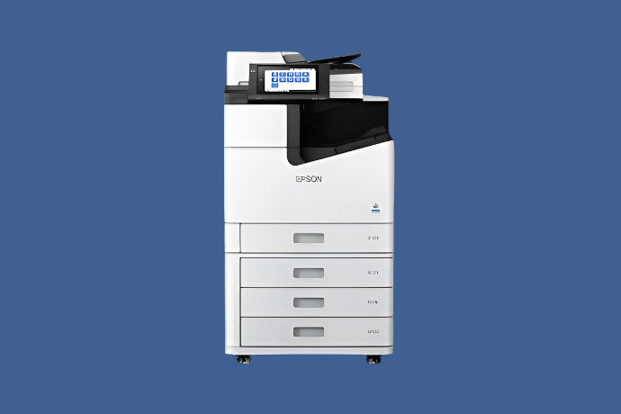 Epson WorkForce Pro WF-M21000 Monochrome Multifunction Printer — Front View with Four Paper Drawers and Touchscreen Control Panel