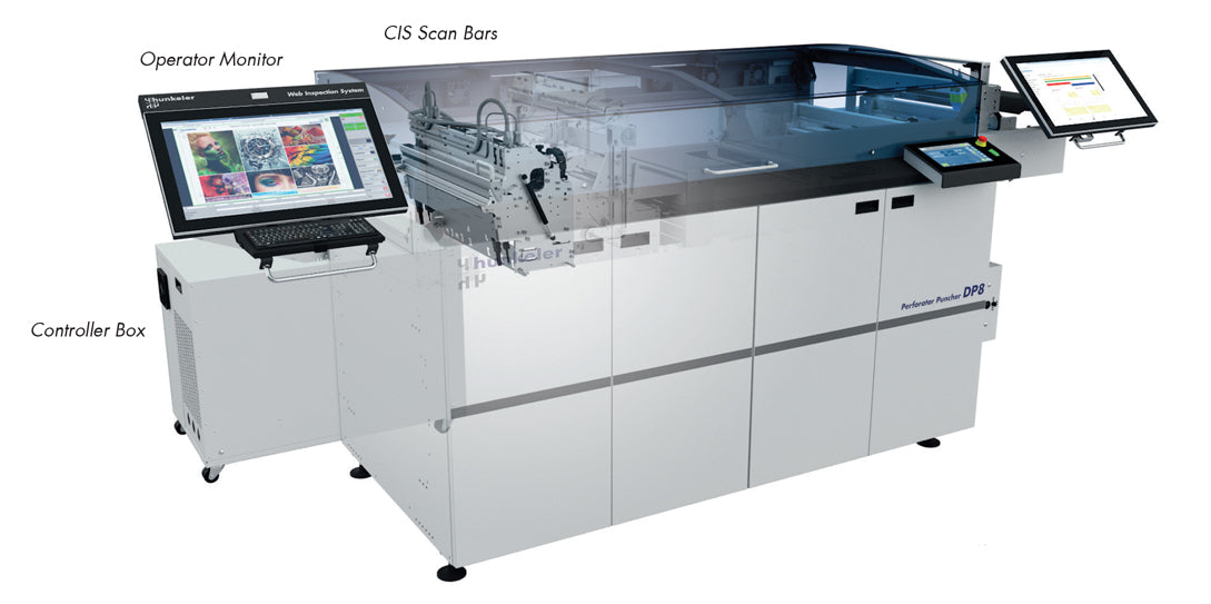 WI8 Web Inspection System with labeled operator monitor, controller box, CIS scan bars, and DP8 perforator puncher for real-time print quality control