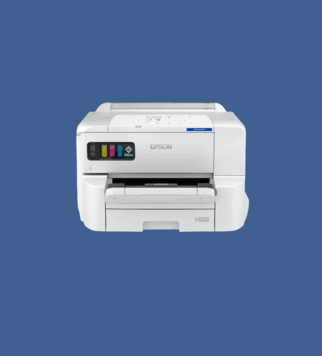 Head-on view of Epson WorkForce Pro EP-C7000 printer with visible front-facing ink tanks and paper tray against blue background