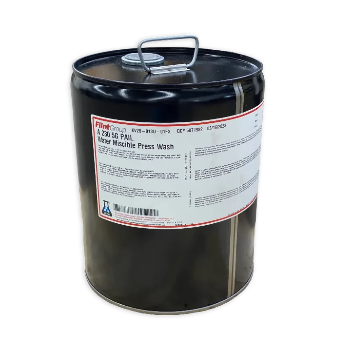 5-gallon pail of Varn A-230 Water Miscible Press Wash by Flint Group, with labeled metal container and handle.