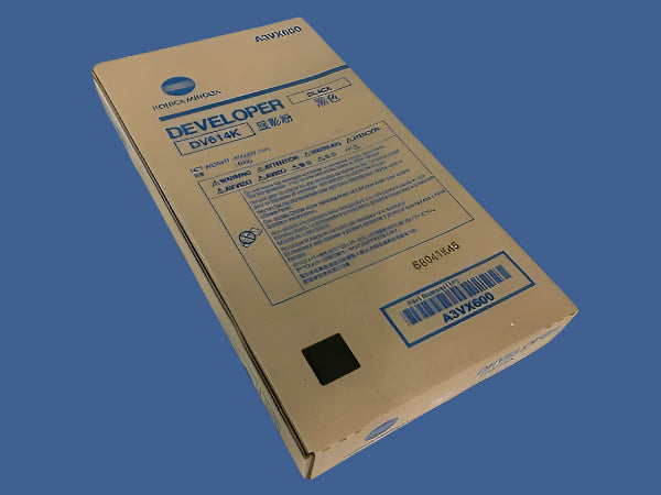 Boxed Konica Minolta DV-614K Black Developer (Part Number A3VX600) in original packaging with product details and barcode visible.