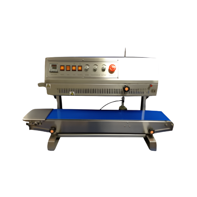 PP-M810II vertical band sealer with stainless steel construction, digital control panel, and blue conveyor belt for continuous bag sealing