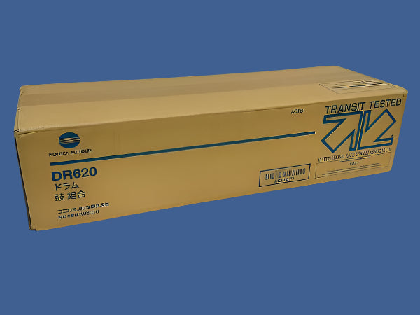 Boxed Konica Minolta DR620 Color Drum Unit (Part Number ACE60Y1) with "Transit Tested" label on tan OEM packaging.