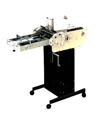 AMC-2000 compact envelope and card feeder on a wheeled black metal stand, featuring manual controls and top-loading paper feed tray