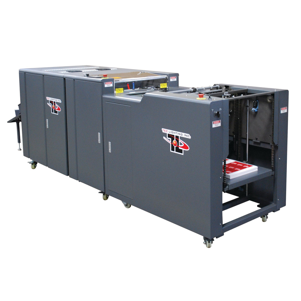 Tec Lighting TruCoat Auto Fed UV Coater featuring an automatic feeding system and compact inline design for high-volume UV coating applications.