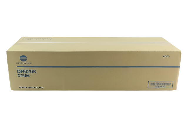 Boxed Konica Minolta DR620K Black Drum Unit (Part Number ACE60Y2) in tan OEM packaging.