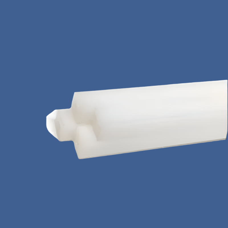 Close-up view of a 20" white plastic cut stick with shaped notches, displayed against a blue background