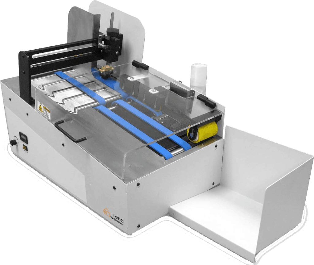 RENA ES-450 envelope sealer with blue feed belts, transparent safety cover, and side-mounted envelope catch tray