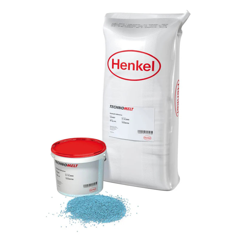 Henkel Technomelt PUR Cleaner 2 shown with a white and red sealed tub, a large labeled bag, and a small pile of blue granulated cleaner