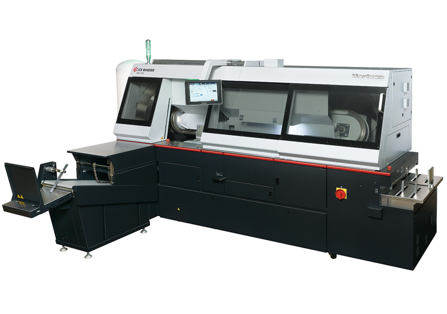 Horizon BQ-500 Perfect Binder with iCE LiNK automation system, featuring touch-screen control and enclosed binding area for high-efficiency book production.