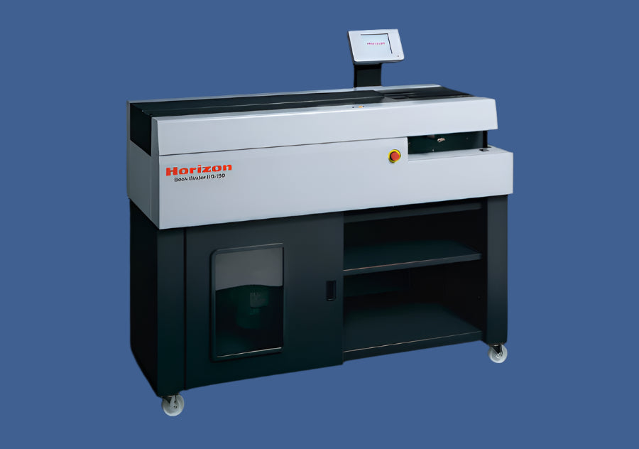 Horizon BQ-160 compact single-clamp perfect binder with PUR capability and touchscreen control panel on wheeled cabinet