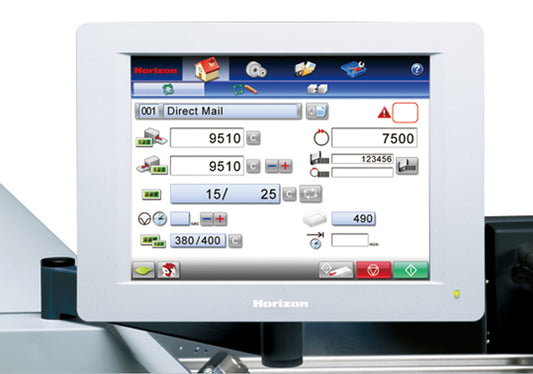 Horizon AF-406F / AF-406S control interface – advanced touchscreen display for intuitive job setup, fold configuration, and real-time production monitoring.