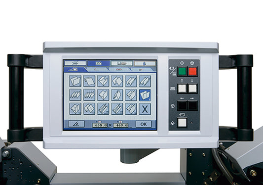 Horizon AFC-566F control screen – user-friendly touchscreen interface with automated fold pattern selection for efficient job setup.