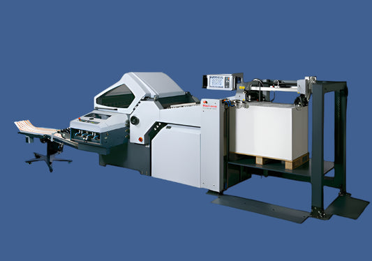 Horizon AFC-744S buckle folder with pallet feeder – automated folding system for high-speed, high-volume sheet processing in commercial print environments.