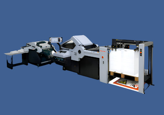 Horizon AFC-746F B1 folding system with pallet feeder and integrated delivery unit – fully automated buckle folder for high-speed commercial print production.