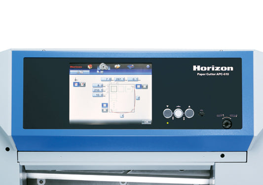Horizon APC-610 paper cutter touchscreen control panel – intuitive interface for programmable precision cutting and automated workflows.