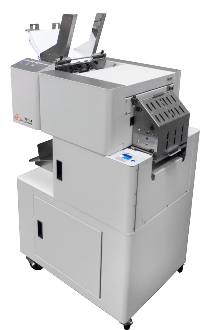 Rena by Quadient Mach 5DX full-color inkjet envelope printer with dual input trays, front control panel, and angled output stacker for high-speed variable data printing.