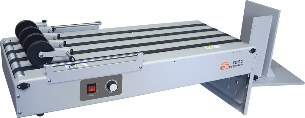 RENA TB-390 tabletop conveyor featuring four black transport rollers, adjustable side guides, and rear stacker tray for efficient mail handling