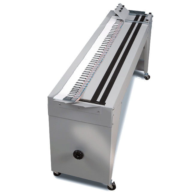 Rena by Quadient TB-659 inline conveyor system with dual black belt design and side guide rails, shown transporting printed envelopes for high-volume output stacking.