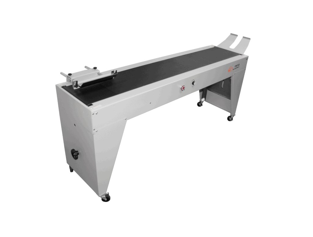 RENA TB-690 tabletop conveyor with black transport belt, adjustable guides, and wheeled stand for mail and print handling