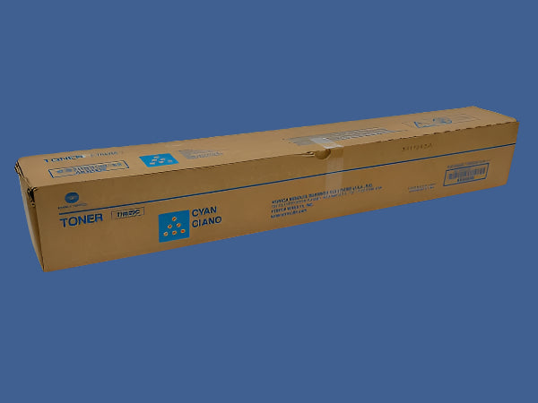 Konica Minolta TN-629C Cyan Toner Cartridge (Part Number AD3H430) shown in sealed original packaging box against a blue background.