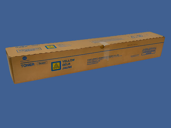 Boxed Konica Minolta TN-629Y Yellow Toner Cartridge (Part Number AD3H230) with multilingual labeling on original brown packaging.