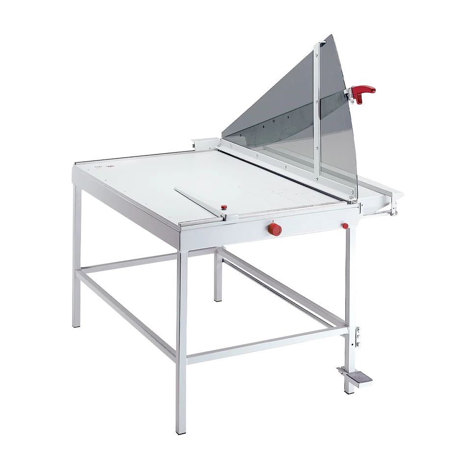 Triumph 1110 floor model paper trimmer with extended cutting table, foot-operated clamp, and heavy-duty blade guard for large format trimming.