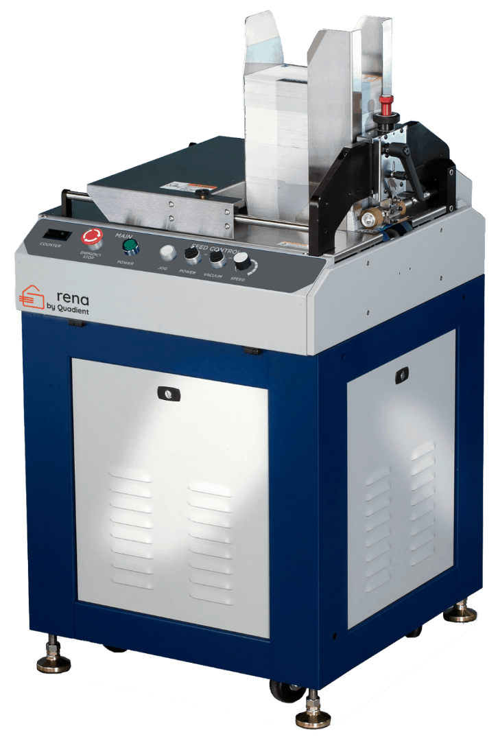 Rena XPS ProFeed Shuttle Feeder with vertical media stack, precision feed rollers, and front-mounted control panel for vacuum, speed, and jog settings, designed for high-volume feeding applications.