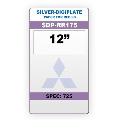 A label for a Silver Digiplate paper plate, indicating 12 inches in width, 8 mil in thickness, and the model number RR175. The label also includes the Mitsubishi brand logo.