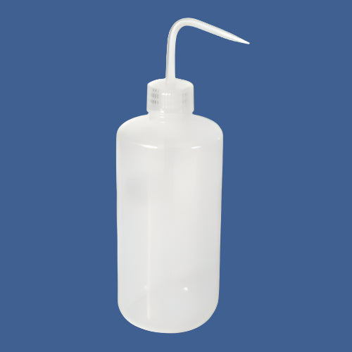 16 oz white plastic squeeze bottle with long spout for precision liquid dispensing on blue background
