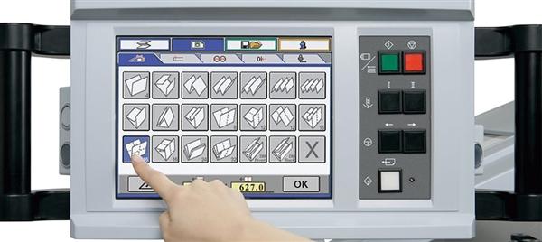 Touchscreen control panel of Horizon AFC-746F B1 folder β user selecting fold pattern on intuitive interface for automated job setup.