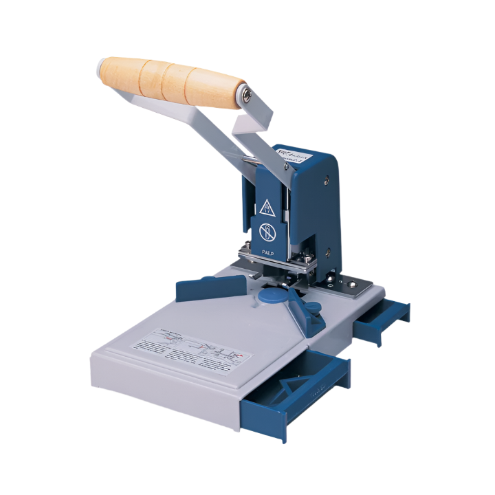 Akiles Diamond Manual press machine with blue base and wooden handle on a white background