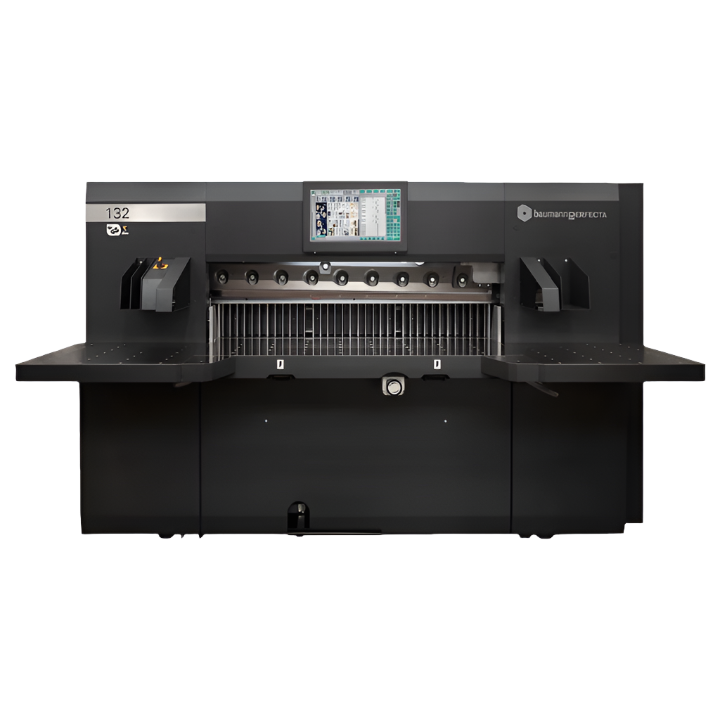 Perfecta BP 132 large-format paper cutter with central touchscreen display, safety grating, side tables, and precision cutting blade assembly.