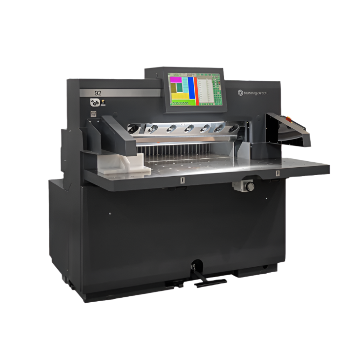 Perfecta BP 92 programmable paper cutter with 36-inch cutting width, large touchscreen display, dual clamp system, and high-precision stainless steel cutting bed.