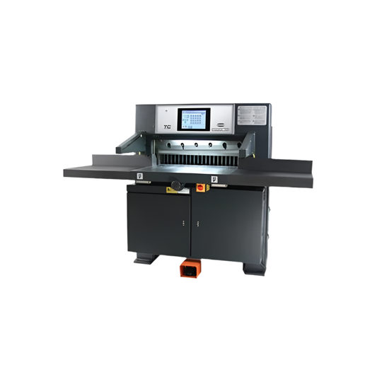 Challenge Champion 305 TC hydraulic paper cutter with touchscreen control panel, wide cutting table, and front safety guard.