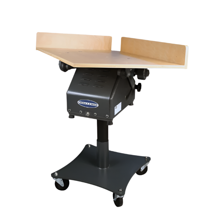 Challenge Combination Paper Jogger with large tilting wood tray, sturdy base on locking casters, and adjustable jogging angle for various sheet sizes.