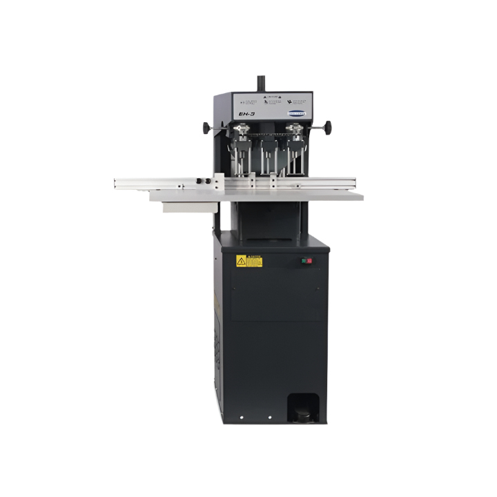 Challenge EH-3 hydraulic three-spindle paper drill with adjustable side tables, shown on a white background.