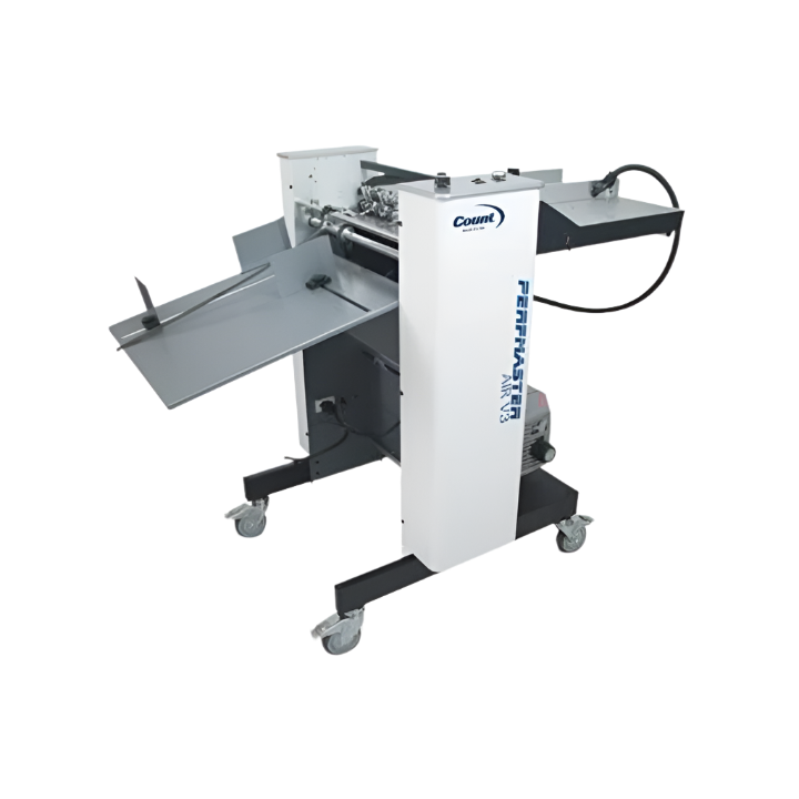 Count PerfMaster Air V3 high-speed perforating and scoring machine on caster wheels, with infeed and outfeed trays.