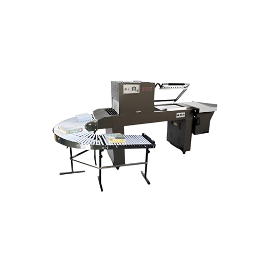 PP-1519 L Sealer and Shrink Tunnel Combo with curved gravity conveyor