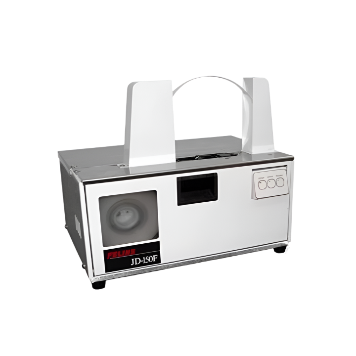 Felins JD-150F banding machine for paper and plastic, featuring a compact tabletop design with control panel and band feed loop