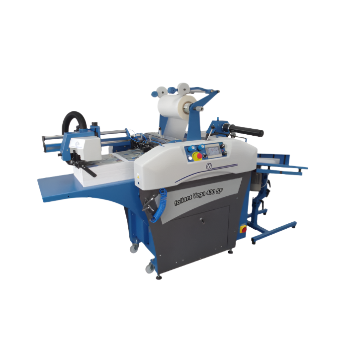 Foliant Vega 400SF Single Sided Laminator β compact automatic laminating system with integrated feeder, control panel, and film roll holder.