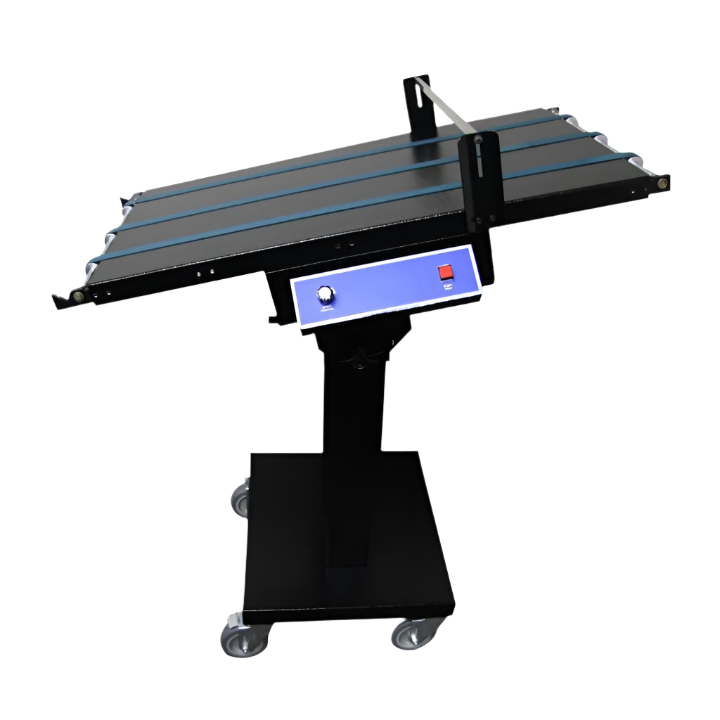 Graphic Whizard Transport System with adjustable guide rails, blue control panel, and wheeled base